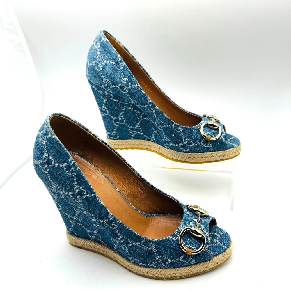 Gucci Denim Monogram Espadrille Wedges Horsebit Blue Size EU 37 - Picture 3 of 15